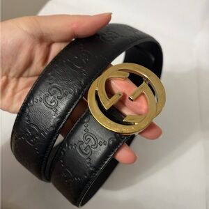 Gucci Black Embossed Belt with Gold Emblem